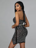 Sexy Rhinestone Halter Cut Out Mini