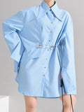 Women Blue Brief Big Size Pin Stitch Blouse New Lapel Long Sleeve Loose Fit Shirt Fashion Tide Spring Autumn 2023