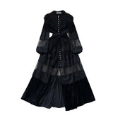 Dress Women's French Retro Fashion Collar Pearl Single Buckle Lace Splicing Velvet Swoon Long