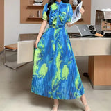Design Wood-Like Ear-Side Bubble-Sleeved Dress Women's Waist Thin Temperament Print 100-Fold French Holiday