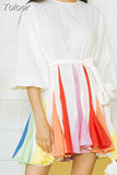 Casual Print Dress For Women O Neck Long Lantern Sleeve Bandage Bow High Waist A Line Dress Female Fashion New 2023