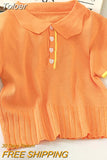 Summer 2023 Women's Polo Shirts Slim Cute Crop Tops Female Button Up T-shirt Knitted Blouses Femme Short Sleeve Polo