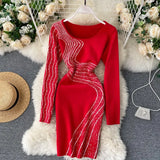 Print Sexy Streetwear Knitted Dress 2022 European Style Long Sleeve Bodycon Winter Women Elastic Sweater Short