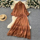 Suit Female Senior Sleeve Lace Splicing Lantern Long-Sleeved Shirt + High Waist Slim Swing
