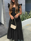 2022 Summer Maxi Sundress Women Sexy Sleeveless Ruffle Dress Bohemian Square Collar Casual Solid Beach Party Vestido