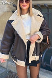 MODA 2023 Autumn Winter Women Faux Fur Brown Jacket Ladies Zipper Leather Coat Retro Loose Female Chic Thick Outwear
