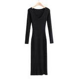 women solid elegant v neck sweater dress long sleeve ladies side open midi dress