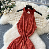 Retro Style High-End Dye Hanging Neck Sleeveless Dress Women Summer Waist Design Beautiful Swing