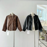 Faux Leather Zipper Over-shirt Jacket-Outfit