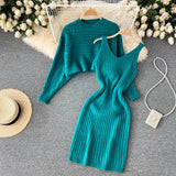 Women Sexy Knitted Two Pieces Suits Short Loose Pullover Top+Midi Camis Dress Striped Winter Streetwear Sweater