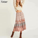Vintage Floral Print Skirt Casual Drawstring Elastic Waist Midi Skirt Boho Hippie Chic Beach Skirts mujer faldas