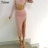 Sexy Pearl Skirt Sets Women 2023 Flare Sleeve Crop Tops and Long Split Skirts Lady Suits Party Clubwear 2 Piece Set
