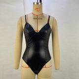 Toloer Autumn / Winter New Sexy Sling Waist Show Thin PU Splicing Women's Jumpsuit Small Vest Female-Outfit
