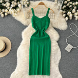 Women Summer Knitted Dress Squre Neck Sleeveless Backless Sheath Sundress Streetwear Ladies Sexy Party Long