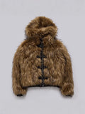 Winter 2024 Fashion Street Logo Metal Buckle Hottie Short Zipper Fur Hooded Coat Female-Outfit