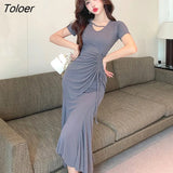 Pieces Outfits Women Chic Casual Folds Stretchy V-Neck Tops T-Shirt High Waist Mermaid Midi Skirt Femme Mujer Slim Sets