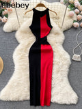 Summer Knitting Dress Women Patwork Casual Body-con Dress Pullovers Simple Step Maxi Long