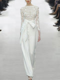Summer Luxury Runway Fashion Round Neck Long Sleeve Lace Top+high Waist White Wide Leg Pants Set Party Women Two Piece