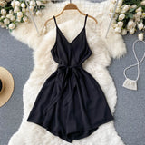 Backless Strap Rompers Women Fashion Sleeveless V Neck Solid Short Jumpsuits Summer Korean Wide Leg