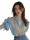 Toloer Spring And Summer New Small Shirt French Single Special Top Design Small Smell Blue Printed