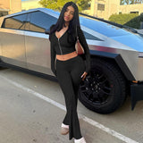 Toloer Style New Zip Long Sleeve Hooded Top High Waist Horn Trousers Fashion Two-Piece Suit Girl-Outfit