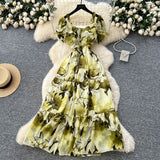 Famous Breeze Mashed Flowers Bubble Sleeves With Dress Women Summer Waist Repair Royal Sister Temperament Beautiful Long