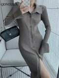 Autumer Winter Knit Casual Long Sleeve Button Elegant Chic POLO Collar Slim Sweater Dress for Women Vintage Korean