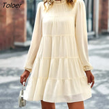 2023 Stand Collar Loose Dresses For Women Fashion Casual Long Sleeve Solid Color Dresses Elegant Holiday Beach