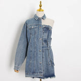 Summer Denim Dresses For Women Lapel One Shoulder Long Sleeve High Waist Bandage Women's Dress Female Fashion