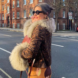 Sweetown Fur Trim Leopard Jackets Y2K Coats Women Vintage Grunge High Street Outwear Button Up Elegant Fashion Autumn