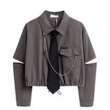 Punk Style Women Shirt Gothic Harajuku Dark Tie And Chain Long Sleeve Split Goth Design Streetwear Blouse Girl Crop