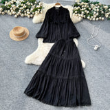 Temperament Set Female Court Vintage Lace Spliced Lantern Sleeve Single-Button Shirt High-Waisted