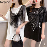 Oversized T Shirts Women Patchwork Gauze Chic Bow Tops Ladies Short Sleeve O Neck Tees Summer Loose Casual White