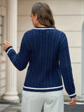 Women's Temperament V-Neck Long-Sleeved Sweater Fashion Jersey Thread White-Bordered Cuffs Knitted