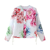 Summer Women's Retro Loose-Fitting Round-Neck Long-Sleeved Flower Print Drawstring Cotton