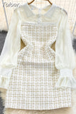 Fashion Women Woolen Tweed Dress Autumn Winter Plaid Tweed Patchwork Chiffon Long Sleeve A Line Elegant Short