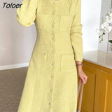 Chic Tweed Dress Women 2023 Winter Single-breasted O-neck Wool Vestido Elegant Long Sleeve Vintage Clothing