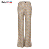 Puss Korean Women Plaid High Waist Wide Leg Pants Baggy Casual Button Pocket Streetwear Fashion Loose Elegance