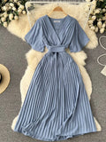 Women's Dress Temperament French Pleated Slim Long Vacation Style Chiffon Pleated Skirt Solid Color V-neck Women's