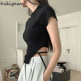 Woman Tshirts Harajuku Irregular Korean Tees Bandage Tunic Short Sleeve Crop Tops Fashion Sexy Y2k T Shirt Ropa