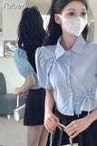 Blusas De Mujer Puff Sleeve Tunic Bow Blouses Women Clothing Crop Tops Hollow Out Folds Summer Shirts Chic Vintage