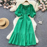 Summer White/Green/Pink New Lace Embroidery Dress Women Puff Sleeve Dresses Female Vintage Party Beach Maxi Long