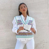 Ardm Fashion Geometry Jacquard Sweater Vest Women With Ribbed Trims Pullover Twist Za Pull Sans Manches Femme V Neck Vintage