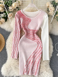 Print Sexy Streetwear Knitted Dress 2022 European Style Long Sleeve Bodycon Winter Women Elastic Sweater Short