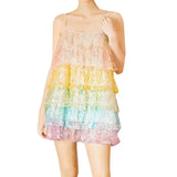 Dress for Women Sparkle Rainbow Sequin Spaghetti Strap Sleeveless Backless Tierred Ruffle Dress Evening Club Party
