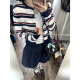 Color Design Sense Retro Striped Knitted Cardigan Women's Spring And Summer College Style Sweater Tibetan Blue Short Skirt Two-Piece