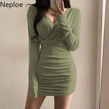 Y2k Woman Dress V-neck Women Bodycon Dresses Korean Vestidos De Mujer Elegant Robe Long Sleeve Party Dress