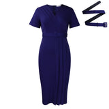 Women's 2025 Summer New Short-Sleeved V-Necked Waist Solid Color OL Tongle Pencil Dress African