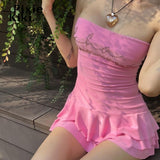 Y2k Coquette Tiered Skirt Drop Waist Dress Girls Summer Cutecore Pink Strapless Mini Dresses for Women 2023