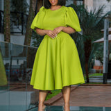 Round Collar Temperament Bubble Sleeves To Close The Waist Of Elegant A-Character
